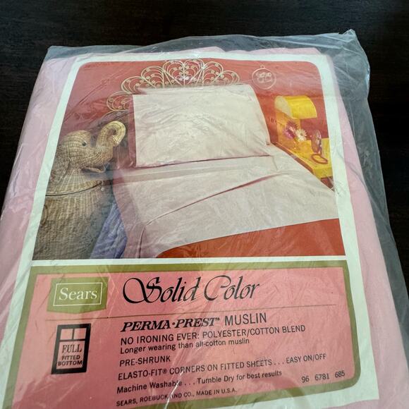 Sears VTG NOS Sealed Full Fitted Bottom Sheet Pink Muslin Cotton Poly Blend - Picture 1 of 8